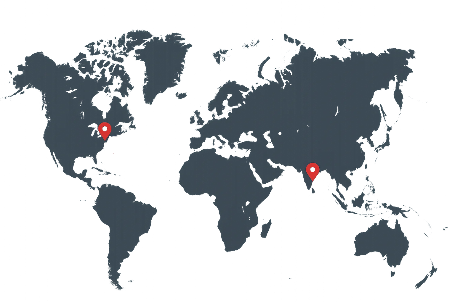 World map illustration featuring location pin markers on the United States and India